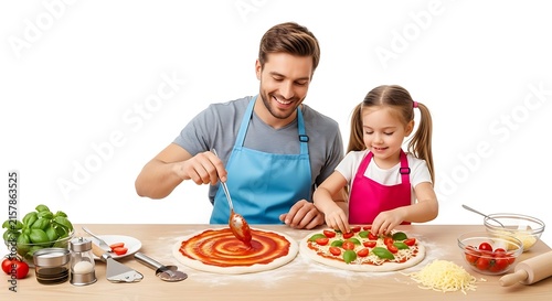 Happy Father and Daughter Cooking Homemade Pizza Together in the Kitchen
