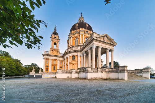 View of Basilica of Superga with Baroque dome and classical columns in Turin