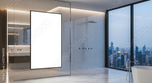 Luxurious modern bathroom with a blank vertical screen, glass shower, and a stunning city skyline view from a large window.