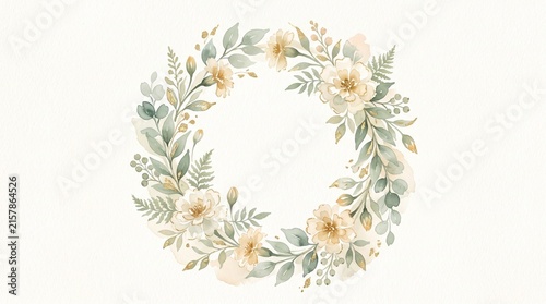 Elegant watercolor floral wreath, delicate botanical illustration, soft pastel flowers and leaves, wedding invitation design element, gentle spring nature frame