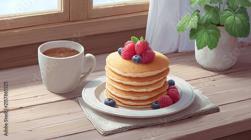 Enjoy a Cozy Breakfast at Home with Perfectly Stacked Pancakes Topped with Fresh Berries and a Cup of Coffee in a Beautiful Sunlit Setting