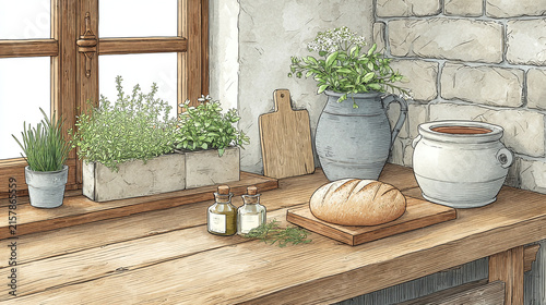 Embrace the Essence of Culinary Artistry: A Rustic Kitchen Scene with Fresh Bread, Herbs, and Unique Glass Bottles to Create a Cozy and Inviting Atmosphere in Your Home