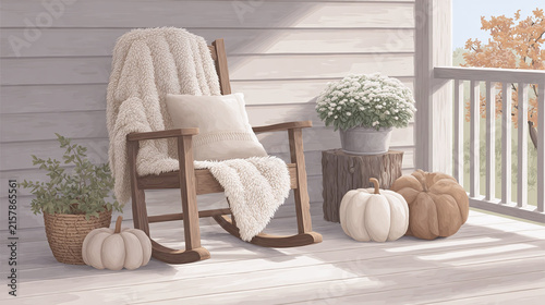Cozy Autumn Retreat: A Serene Porch Scene with Inviting Decor, Embracing Seasonal Charm and Comfort for Relaxing Moments