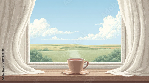 A Serene Morning View: Enjoying a Cup of Coffee by the Window Overlooking a Peaceful Landscape and Blue Sky with Fluffy Clouds in a Cozy Environment