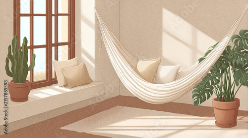 Create a Serene Lifestyle Space with a Cozy Hammock, Vibrant Plants, and Natural Light for Ultimate Relaxation and Comfort in Your Home.