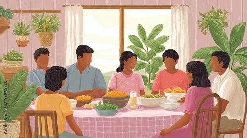 A Heartwarming Family Gathering: Enjoying Delicious Meals and Creating Cherished Memories Together in a Lively Indoor Setting