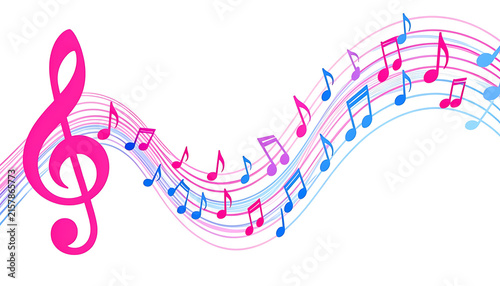 Vibrant pink treble clef icon with flowing colorful music notes wave