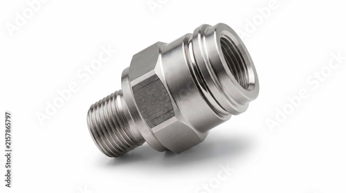 Shiny stainless steel hydraulic fitting connector featuring precise threading for industrial plumbing and mechanical engineering applications