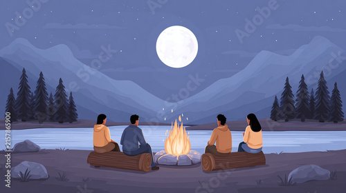 Experience Serenity in Nature: A Scenic Night Gathered Around a Campfire Under the Stars by the Lake with Friends and Moonlit Mountains