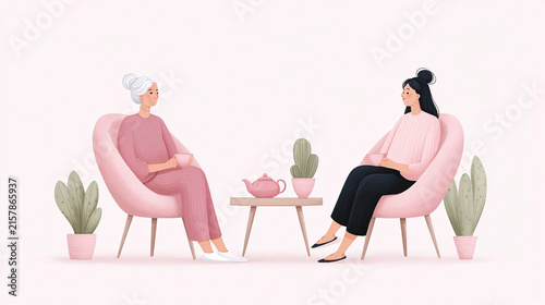 A Cozy Afternoon Tea Session: Two Women Enjoying Conversation in a Serene Setting Surrounded by Cacti and Stylish Decor