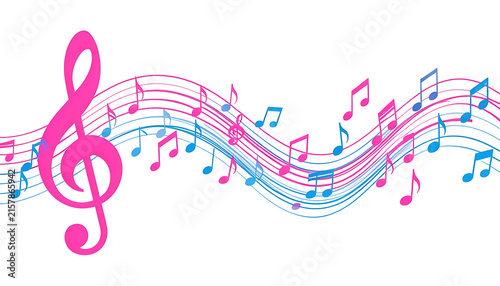 Wavy music staff background with pink treble clef and colorful notes