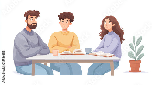 Enjoying Quality Time: A Cozy Gathering of Friends Engaged in Conversation and Reading at a Stylish Table with a Warm Atmosphere and Aesthetic Indoor Plant
