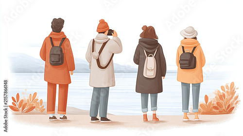 Explore the Beauty of Nature: Friends Enjoying Scenic Views by the Water in Cozy Autumn Attire