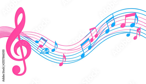 Dynamic musical staff stream with pink treble clef icon vector