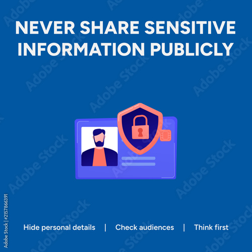 Cybersecurity awareness poster with sensitive information warning. Data privacy protection vector with ID card and lock icon. Personal identity security graphic for corporate training.