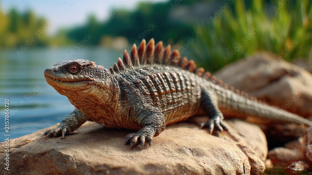 Fototapeta premium Spiky Lizard on Rocky Shore: A prehistoric-looking lizard with a prominent spiny crest basks on a sun-drenched rock by the calm waters of a lake, its ancient eyes surveying the serene landscape.