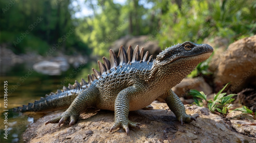 Obraz premium Basilisk Lizard in Nature: A green basilisk lizard with a spiny crest on its back stands on a rock near a stream, surrounded by lush green vegetation.
