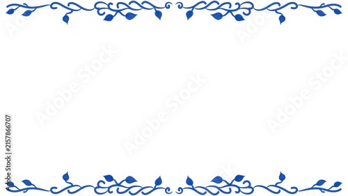 Elegant floral border design with blue leaves and swirling vines on white background.