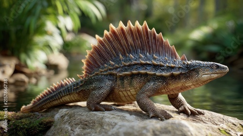 Dimetrodon on Rocky Shore: A prehistoric Dimetrodon, with its distinctive sail-like dorsal fin and reptilian scales, rests on a mossy rock beside a tranquil body of water.