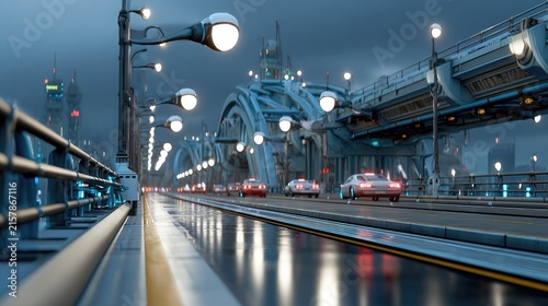 Futuristic Cityscape at Dusk: Sleek, modern cars traverse a rain-slicked bridge amidst the glowing lights of an advanced metropolis under a moody, twilight sky.