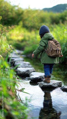 A child carefully traverses rocky stepping stones across a serene stream surrounded by greenery