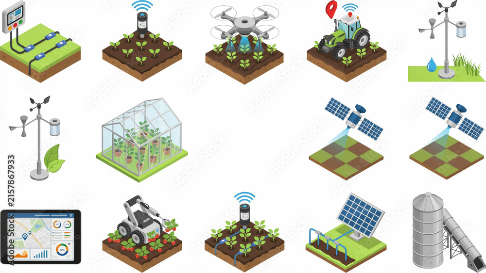 Naklejka premium Isometric Smart Agriculture Set with IoT Devices, Drones, and Automated Systems