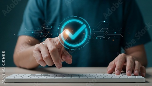 Person touching a digital checkmark icon on virtual screen for security and quality assurance