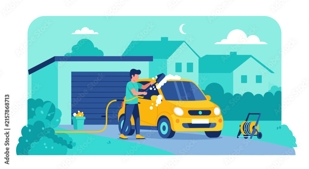 Obraz premium Modern flat vector illustration of a man washing a compact yellow car in front of a garage at night with soap suds, a water hose, and suburban houses in the background under a moon.