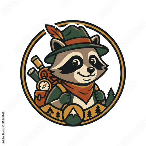 Cartoon raccoon hiker mascot with backpack and mountain gear.