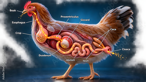Educational diagram illustrating the internal digestive system anatomy and process of a domestic chicken with displays detailed anatomical view chicken