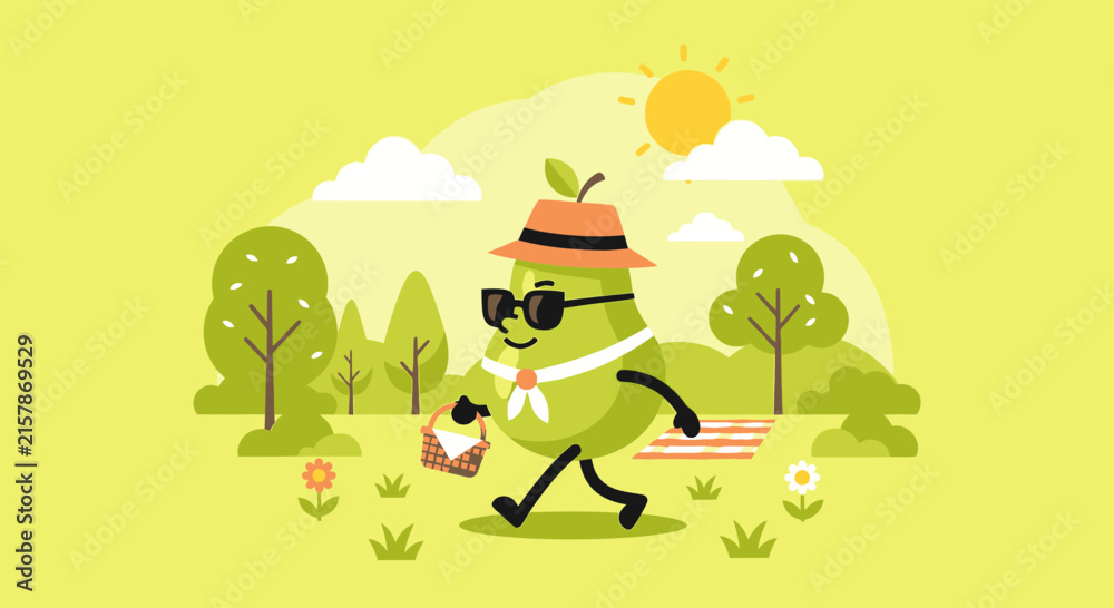 Fototapeta premium Cute anthropomorphic green pear character walking in a park with a picnic basket wearing sunglasses and a hat on a sunny day with trees and clouds flat vector illustration style.