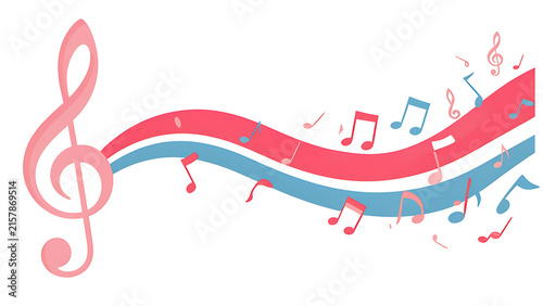 Wavy music ribbon background with pink treble clef and blue notes