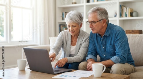 Senior couple pointing at a laptop screen for online banking and financial planning with documents.