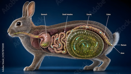 Anatomical diagram illustrating the internal digestive system structure of a domestic rabbit species with clear labels educational view rabbit
