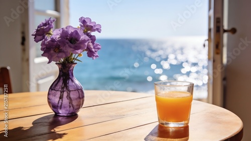 Fresh orange juice glass and purple flowers vase on wooden table overlooking sea