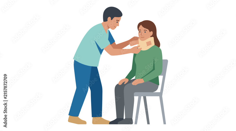 Obraz premium Doctor examining patient wearing medical neck brace in clinic.