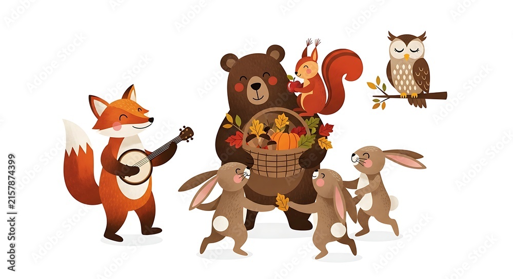 Obraz premium A Cheerful Autumn Woodland Animal Gathering with Music and Harvest Treats