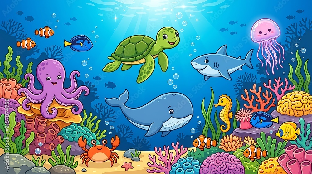 Obraz premium Vibrant Underwater Scene Featuring Friendly Marine Animals and Colorful Coral Reef Ecosystem Illustration