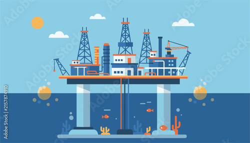 Offshore oil drilling rig platform extracting resources in the middle of a calm blue ocean under a sunny sky.