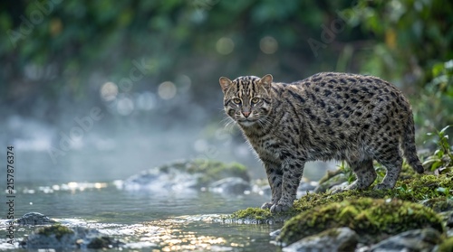 Fishing cat on waterside rocks