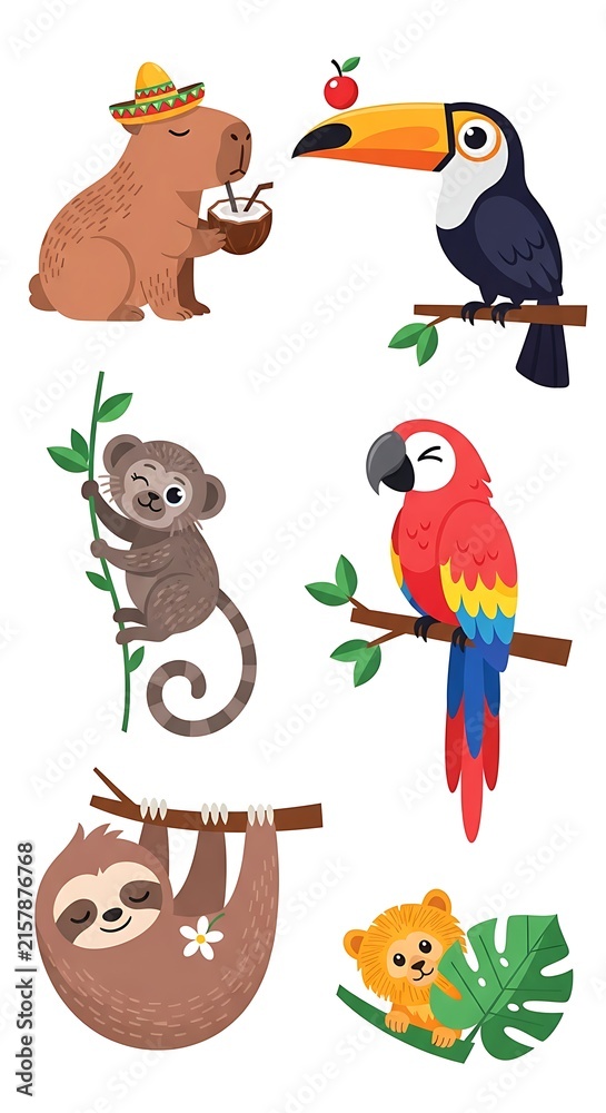 Naklejka premium A Vibrant Collection of Cute Cartoon Jungle Animals and Tropical Birds
