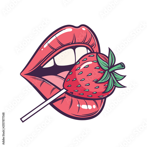 Quadro su tela Pop art strawberry lollipop in female mouth