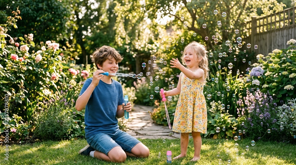 Fototapeta premium Joyful siblings blowing bubbles in a sunlit garden on a summer day