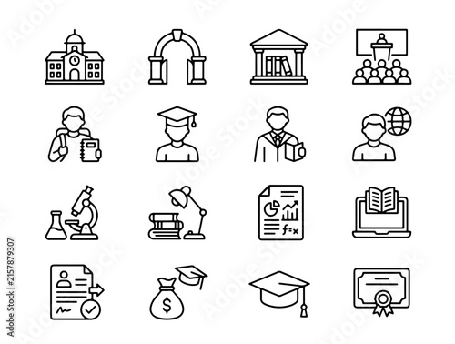 Minimalist Icon Set Featuring Education, Science, Technology, and Career Pathway Symbols in Monochrome Vector Style