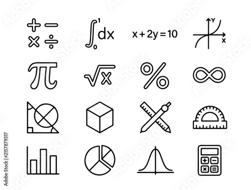 Minimalist Black and White Mathematical Engineering and Measurement Icons Set with Geometric Symbols