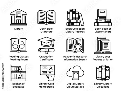 Educational Icons Showcasing Academic Libraries, Research, and Scholarly Resources in Minimalist Vector Style
