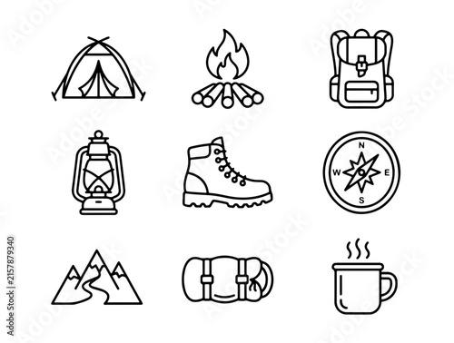 Minimalist Black and White Camping Adventure Icon Set Featuring Tent, Campfire, Lantern, Hiking Boots, Backpack,