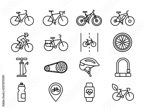 Minimalist Black and White Icon Set Featuring Bicycles, Cycling Gear, and Accessories in Clean Line Art Style