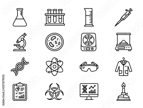 Minimalist Black and White Icons Set Featuring Science, Medicine, Technology, and Laboratory Equipment