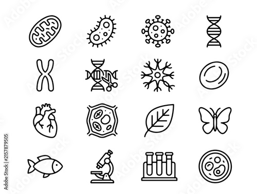Minimalist Black and White Medical Science Icons Collection Featuring Bacteria, DNA, Heart, Virus, Microscope, and